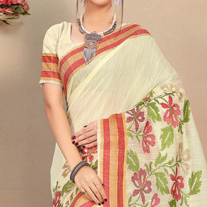 Desirable Cream Colored Casual Wear Floral Printed Cotton Saree