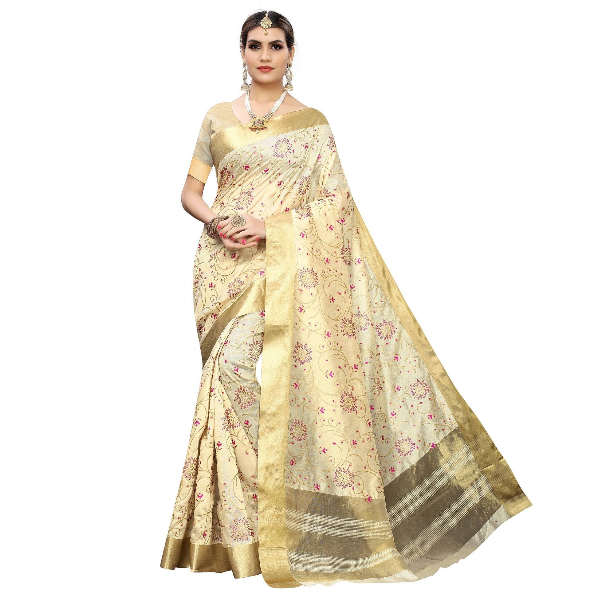 Desirable Cream Colored Festive Wear Woven Cotton Silk Saree