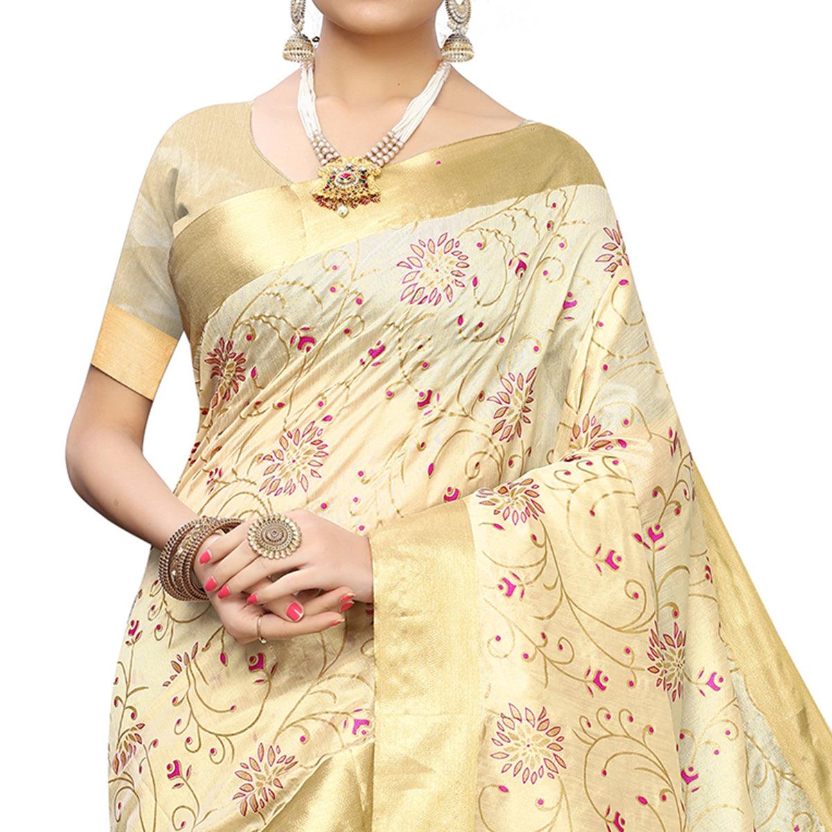 Desirable Cream Colored Festive Wear Woven Cotton Silk Saree