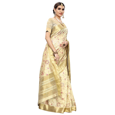Desirable Cream Colored Festive Wear Woven Cotton Silk Saree