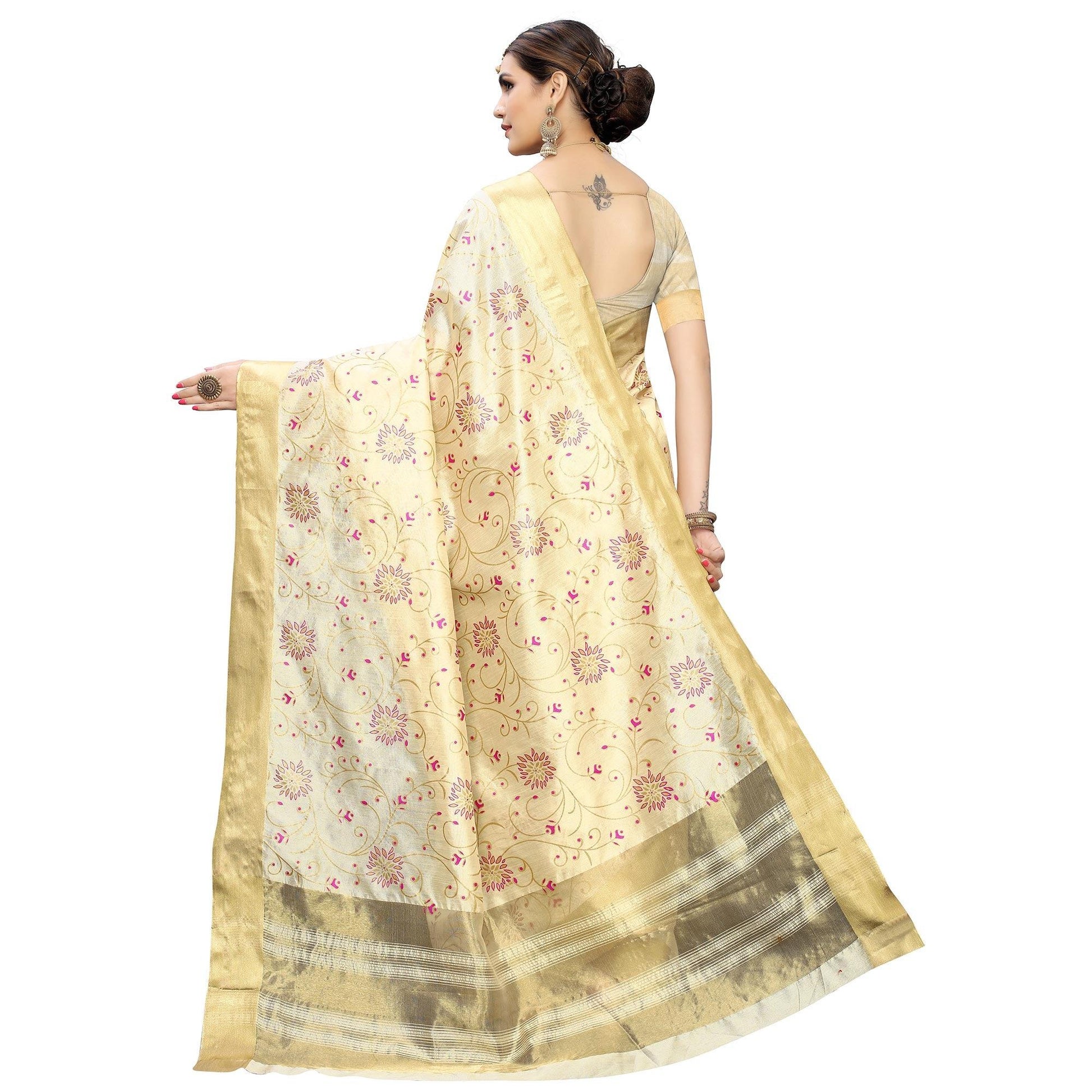 Desirable Cream Colored Festive Wear Woven Cotton Silk Saree
