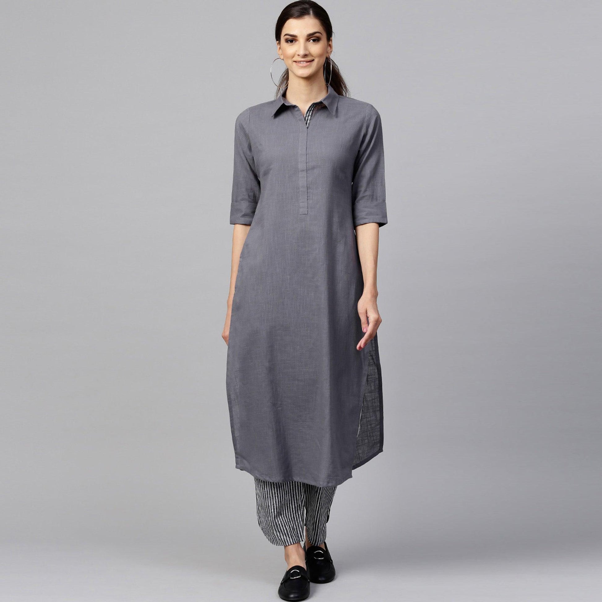 Desirable Dark Gray Colored Casual Wear Cotton Kurti And Bottom Set