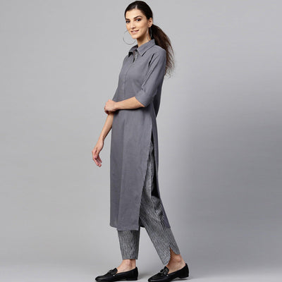 Desirable Dark Gray Colored Casual Wear Cotton Kurti And Bottom Set