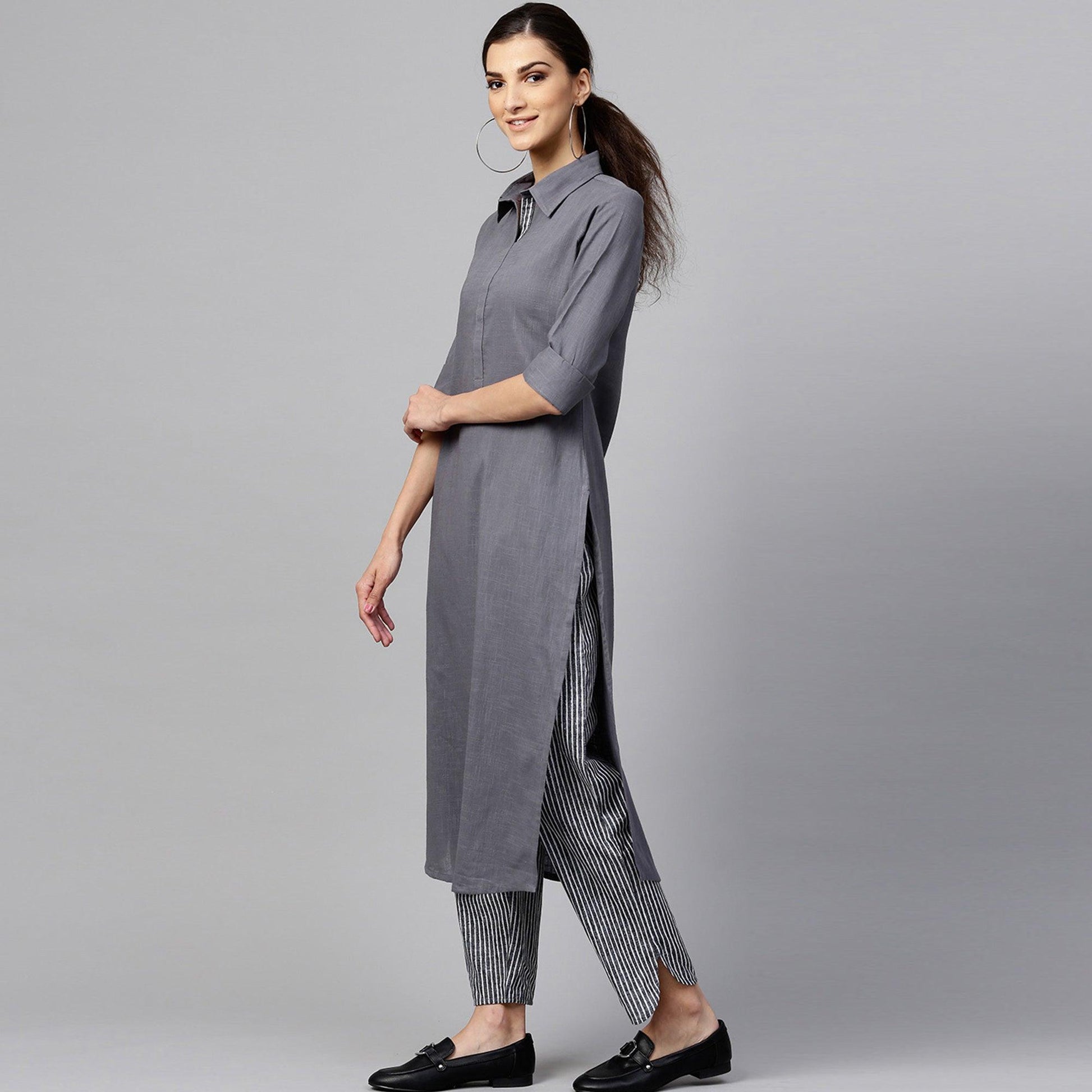 Desirable Dark Gray Colored Casual Wear Cotton Kurti And Bottom Set