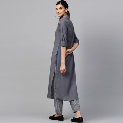 Desirable Dark Gray Colored Casual Wear Cotton Kurti And Bottom Set