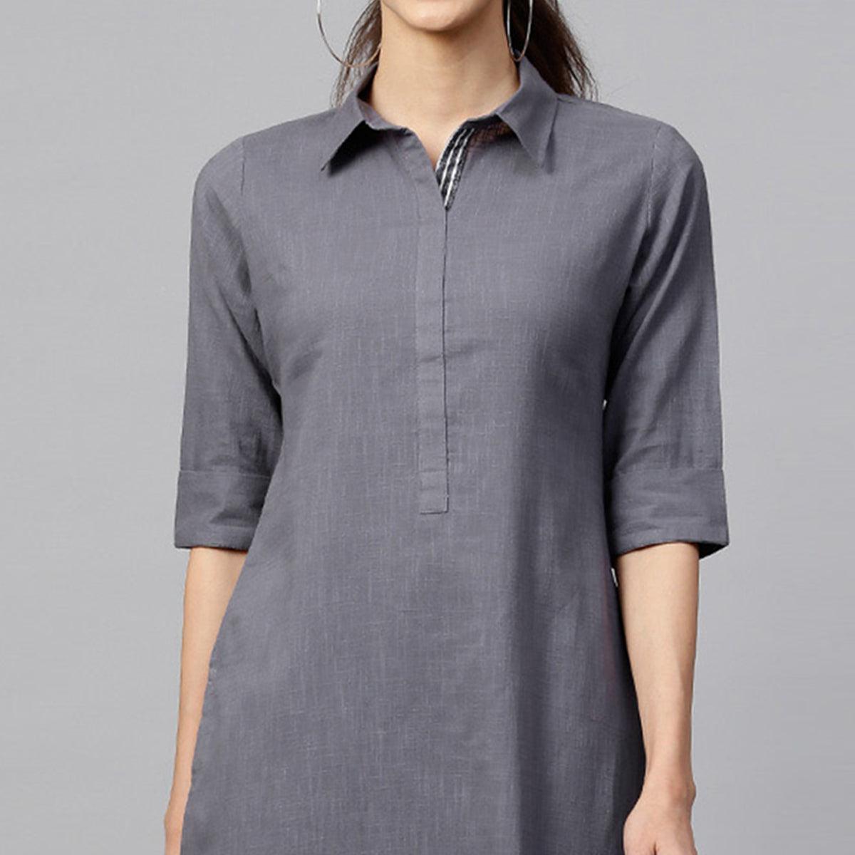 Desirable Dark Gray Colored Casual Wear Cotton Kurti And Bottom Set