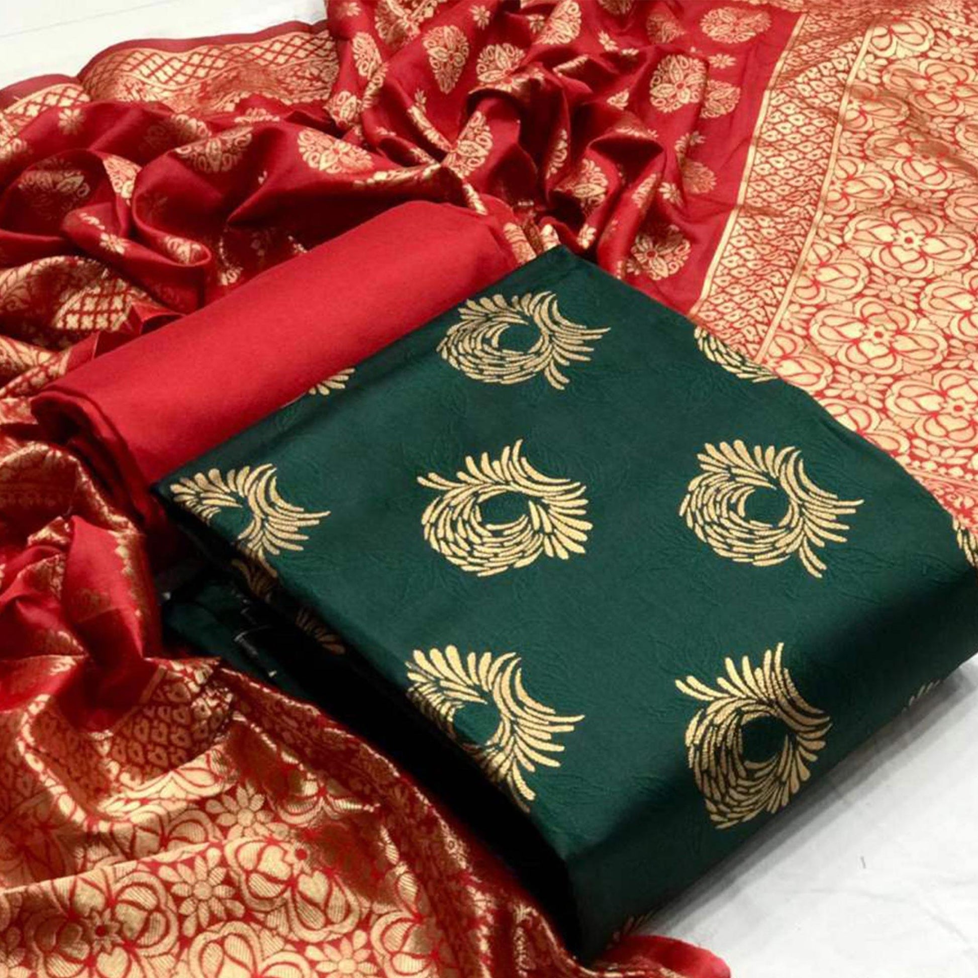 Desirable Dark Green Colored Casual Wear Banarasi Silk Dress Material