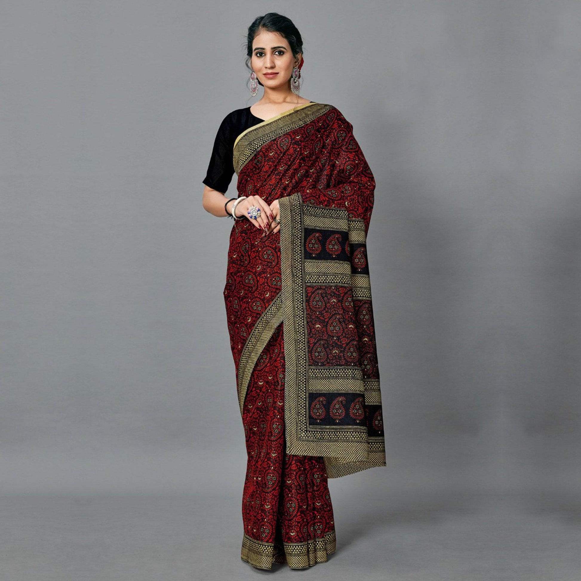 Desirable Dark Maroon Colored Casual Wear Printed Art Silk Saree