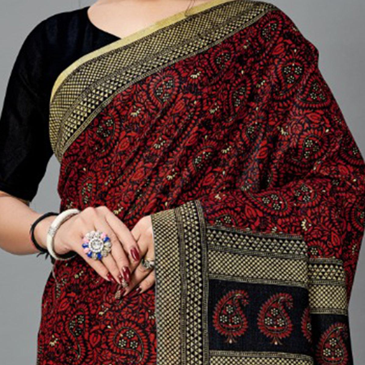 Desirable Dark Maroon Colored Casual Wear Printed Art Silk Saree
