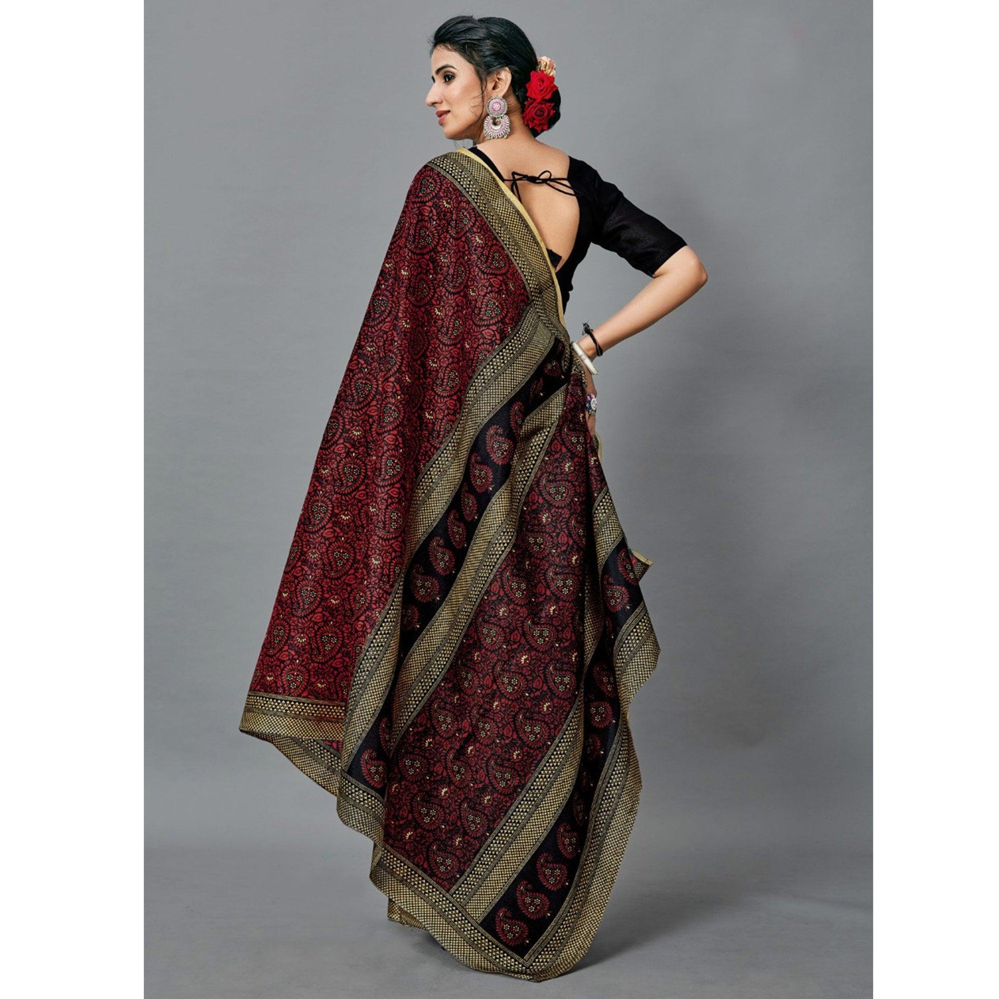 Desirable Dark Maroon Colored Casual Wear Printed Art Silk Saree