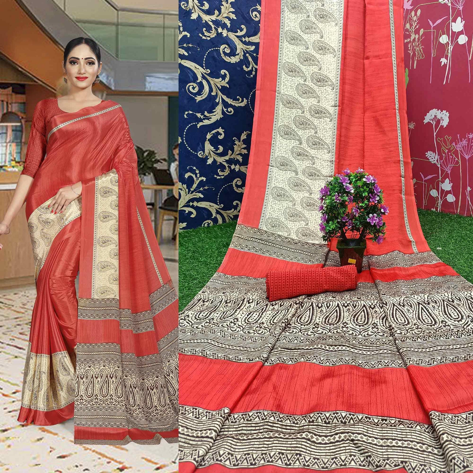 Desirable Dark Peach Colored Casual Wear Printed Crepe Saree