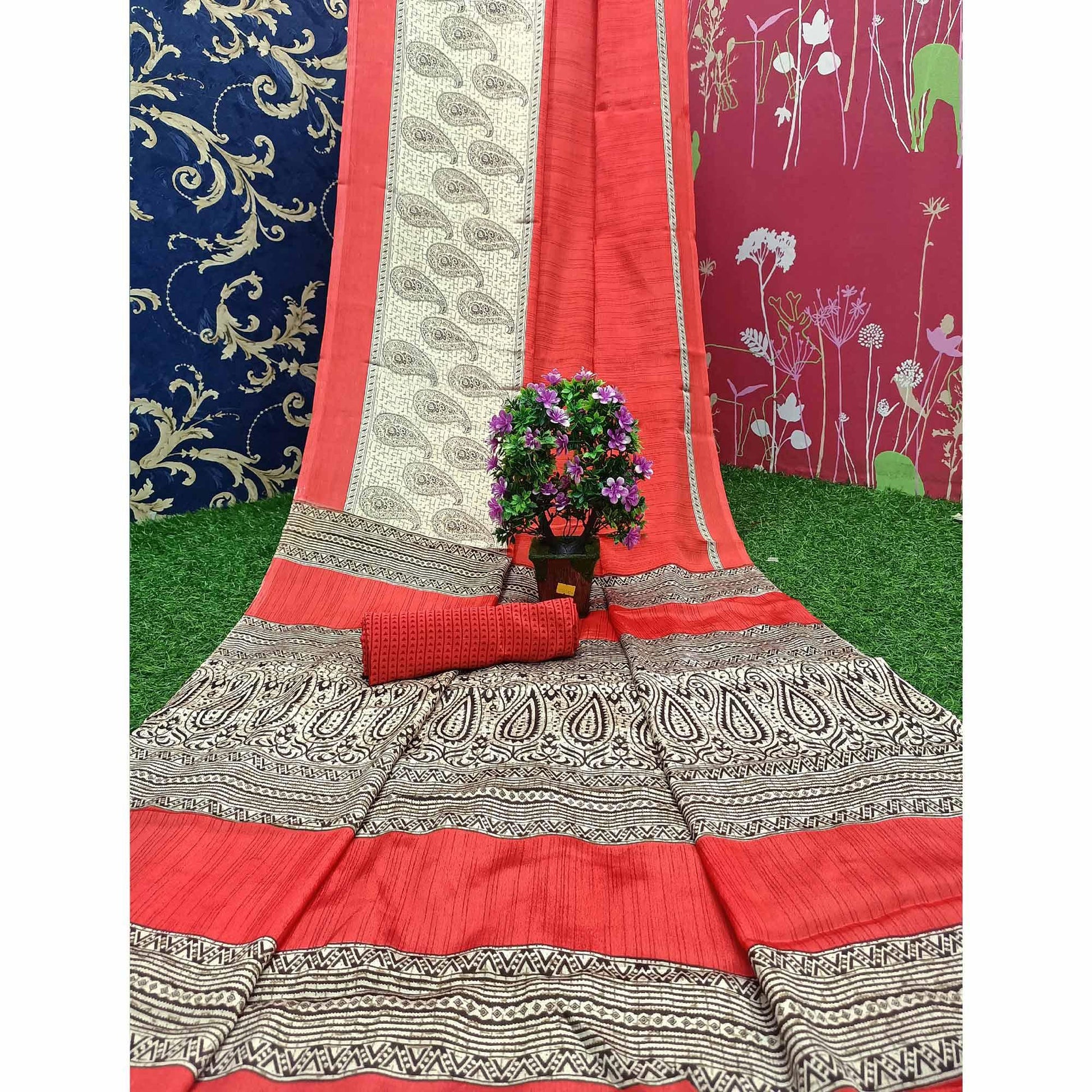 Desirable Dark Peach Colored Casual Wear Printed Crepe Saree