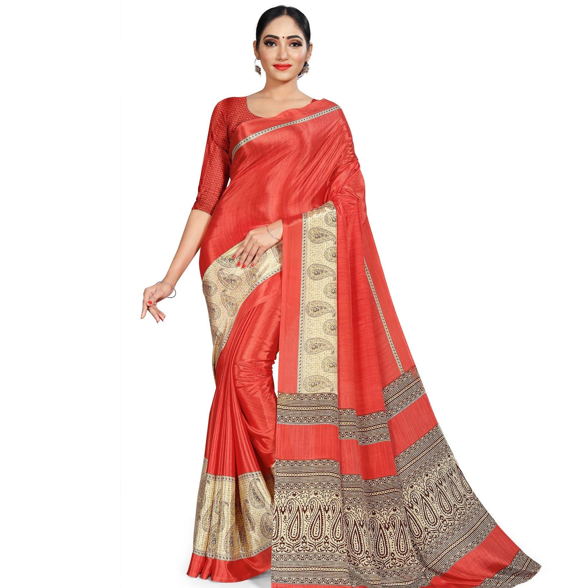 Desirable Dark Peach Colored Casual Wear Printed Crepe Saree