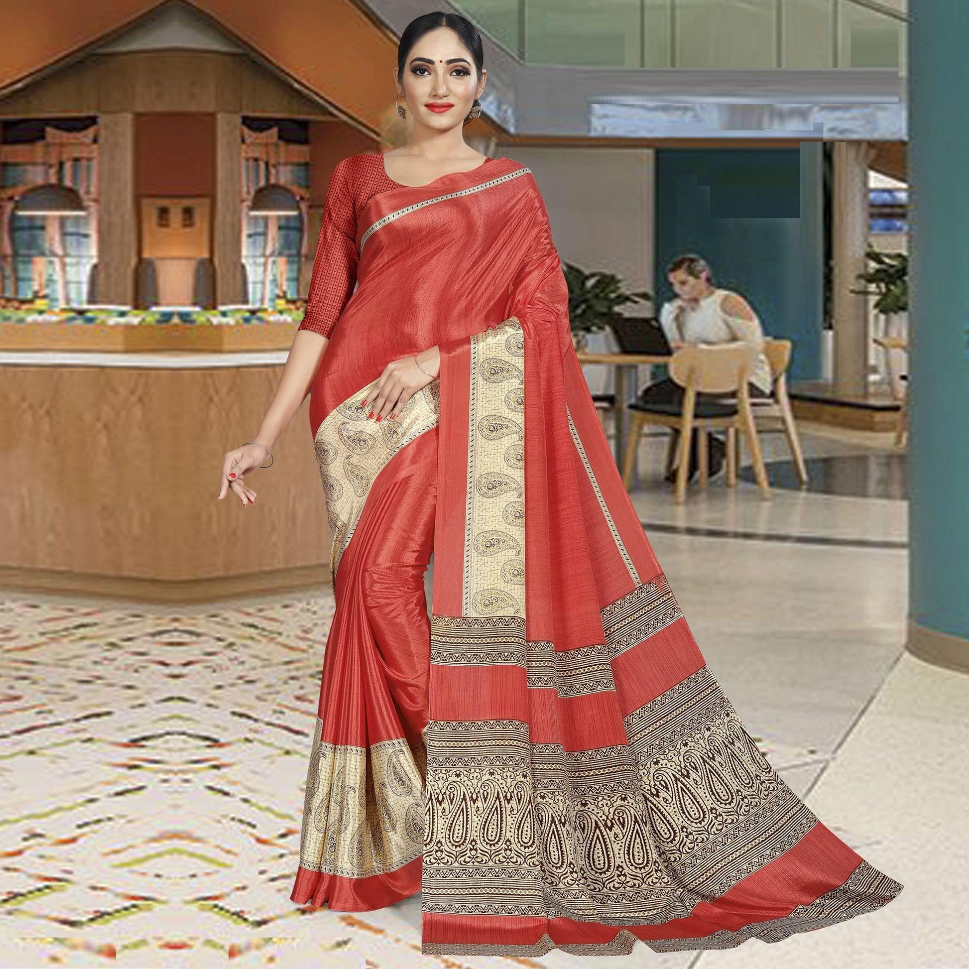 Desirable Dark Peach Colored Casual Wear Printed Crepe Saree