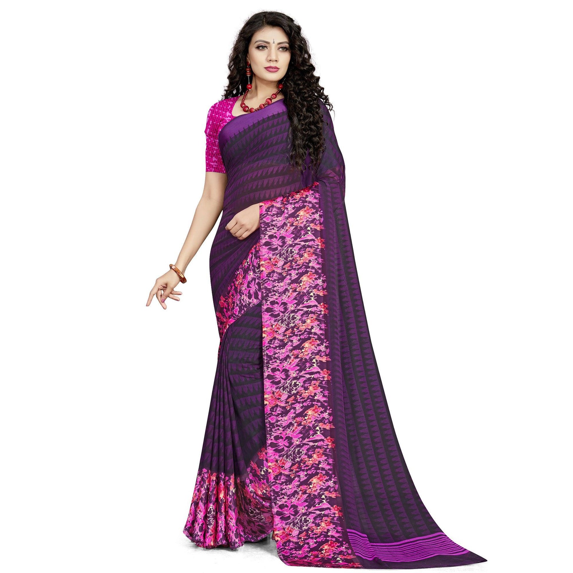 Desirable Dark Purple Colored Casual Wear Printed Georgette Saree