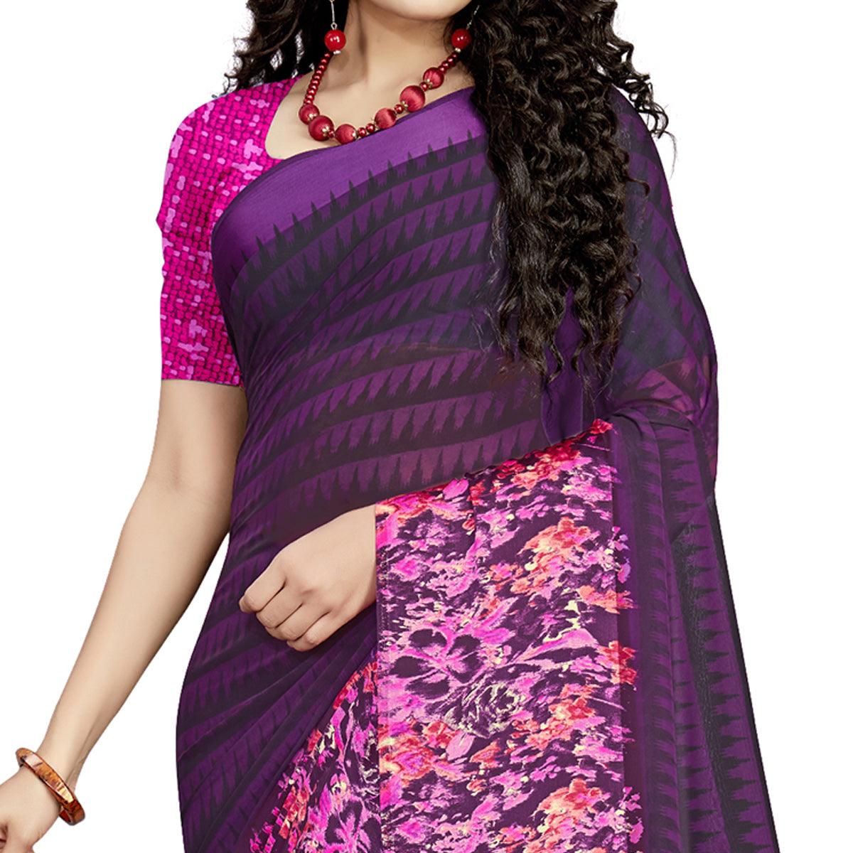 Desirable Dark Purple Colored Casual Wear Printed Georgette Saree