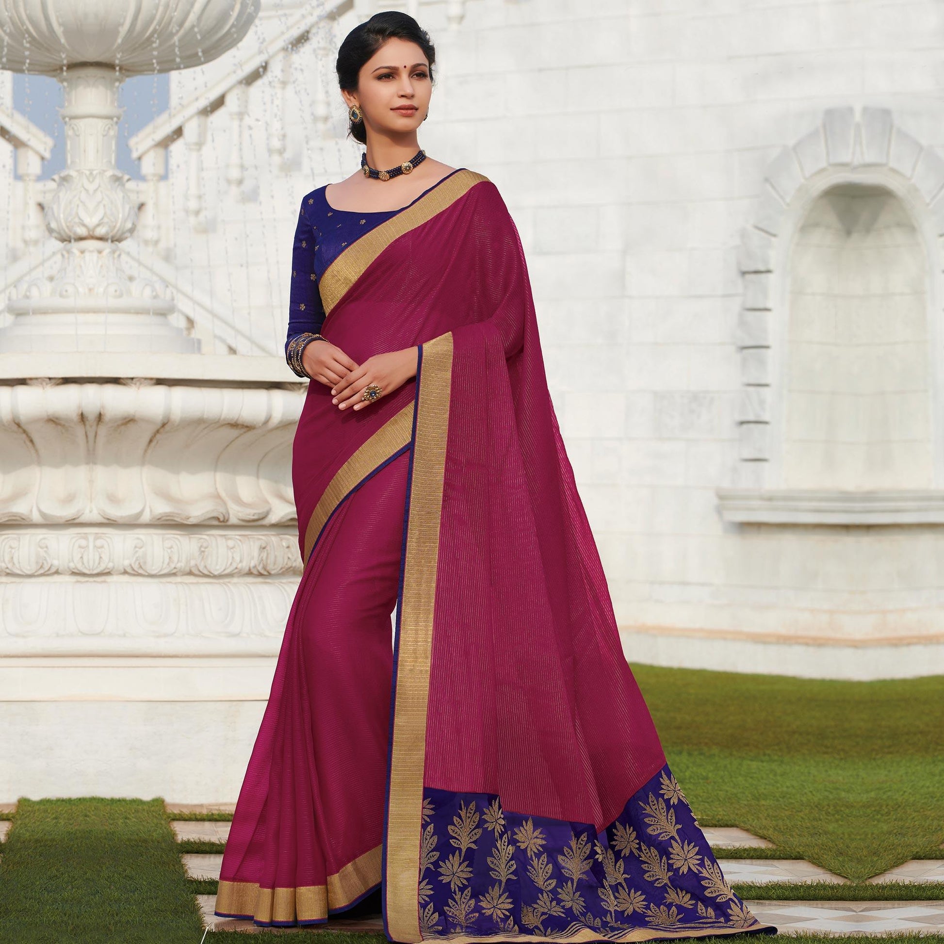Desirable Dark Rani Pink Colored Party Wear Embroidered Georgette Saree