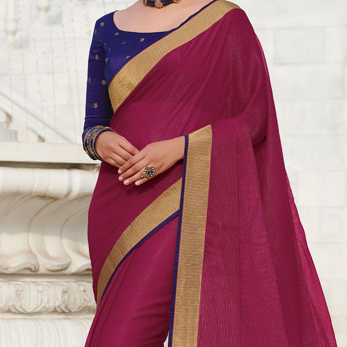 Desirable Dark Rani Pink Colored Party Wear Embroidered Georgette Saree