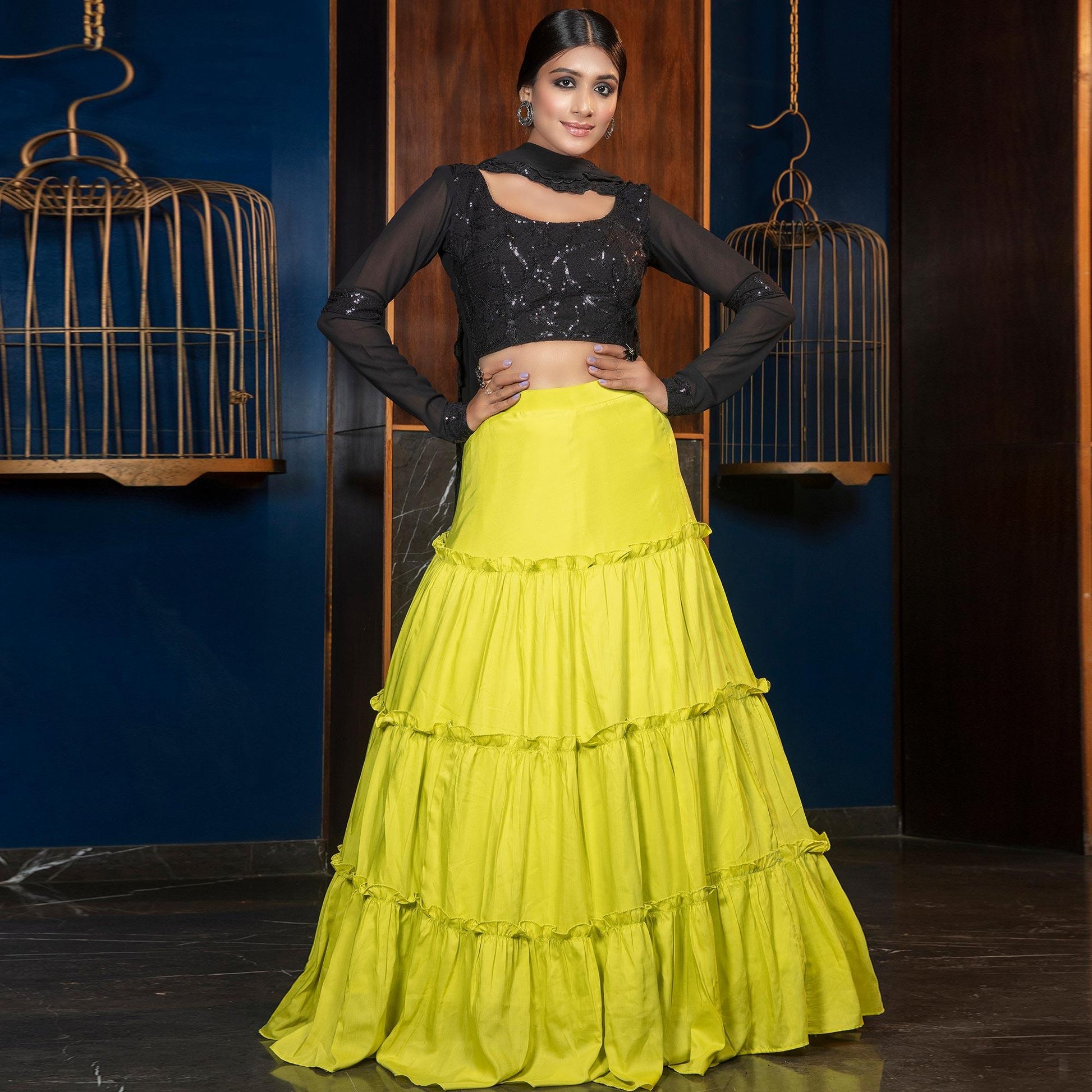 Desirable Florence Green - Black Colored Partywear Embroidered Muslin Cotton Lehenga Choli