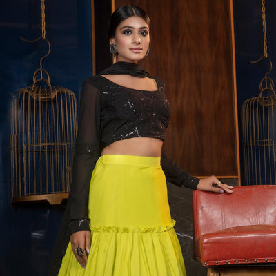 Desirable Florence Green - Black Colored Partywear Embroidered Muslin Cotton Lehenga Choli