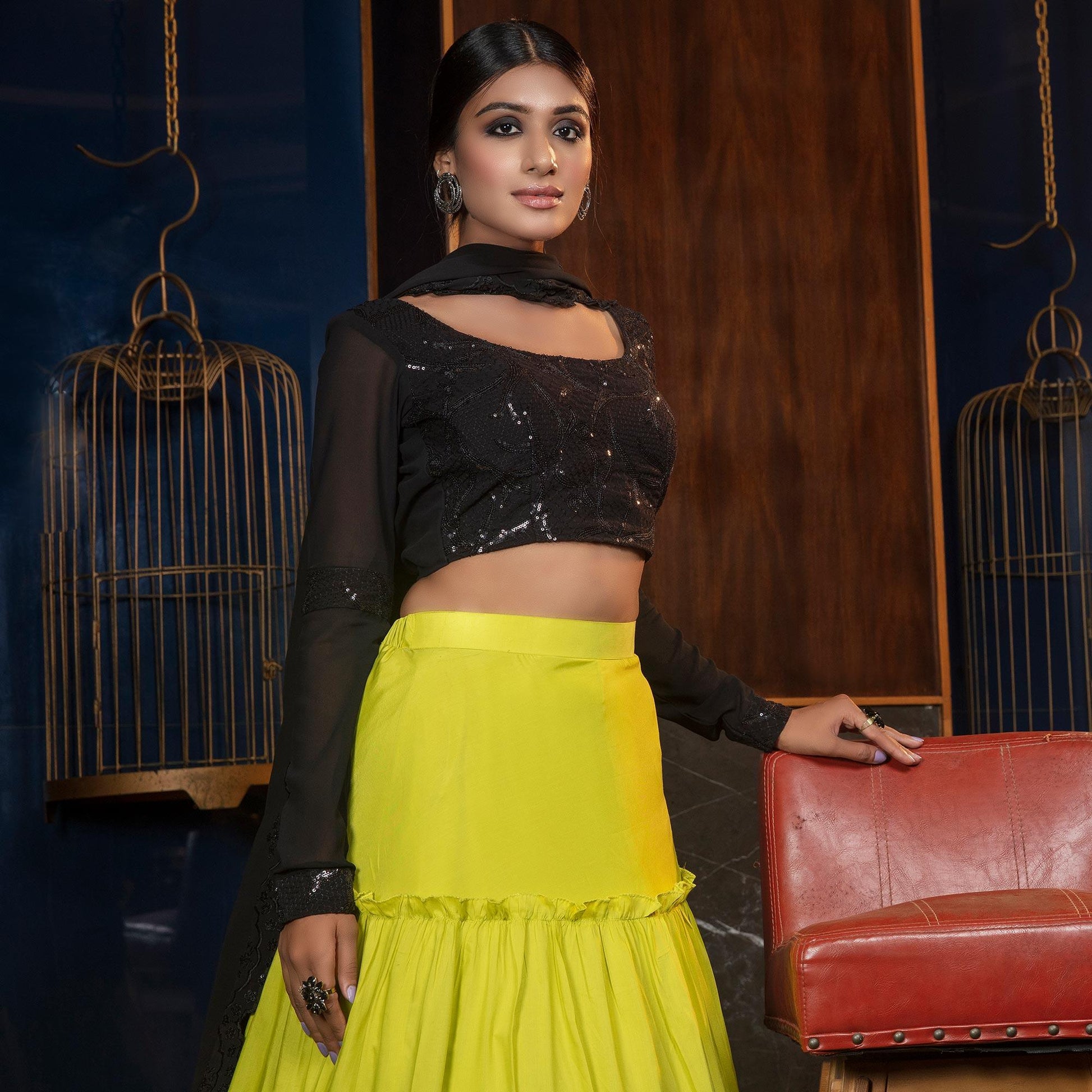 Desirable Florence Green - Black Colored Partywear Embroidered Muslin Cotton Lehenga Choli