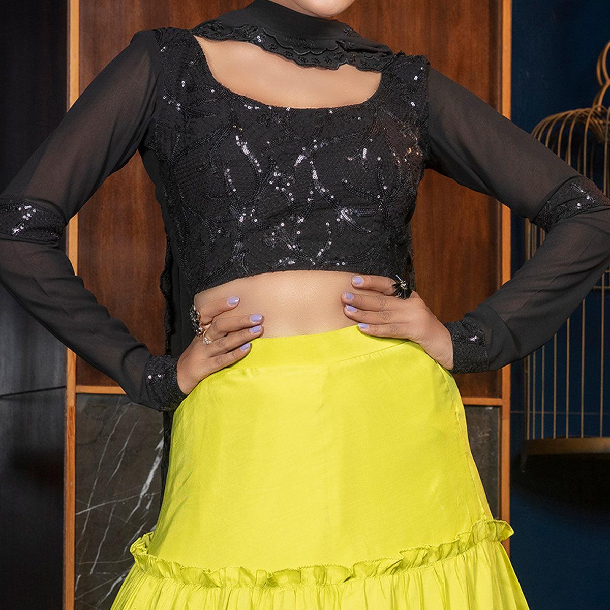 Desirable Florence Green - Black Colored Partywear Embroidered Muslin Cotton Lehenga Choli
