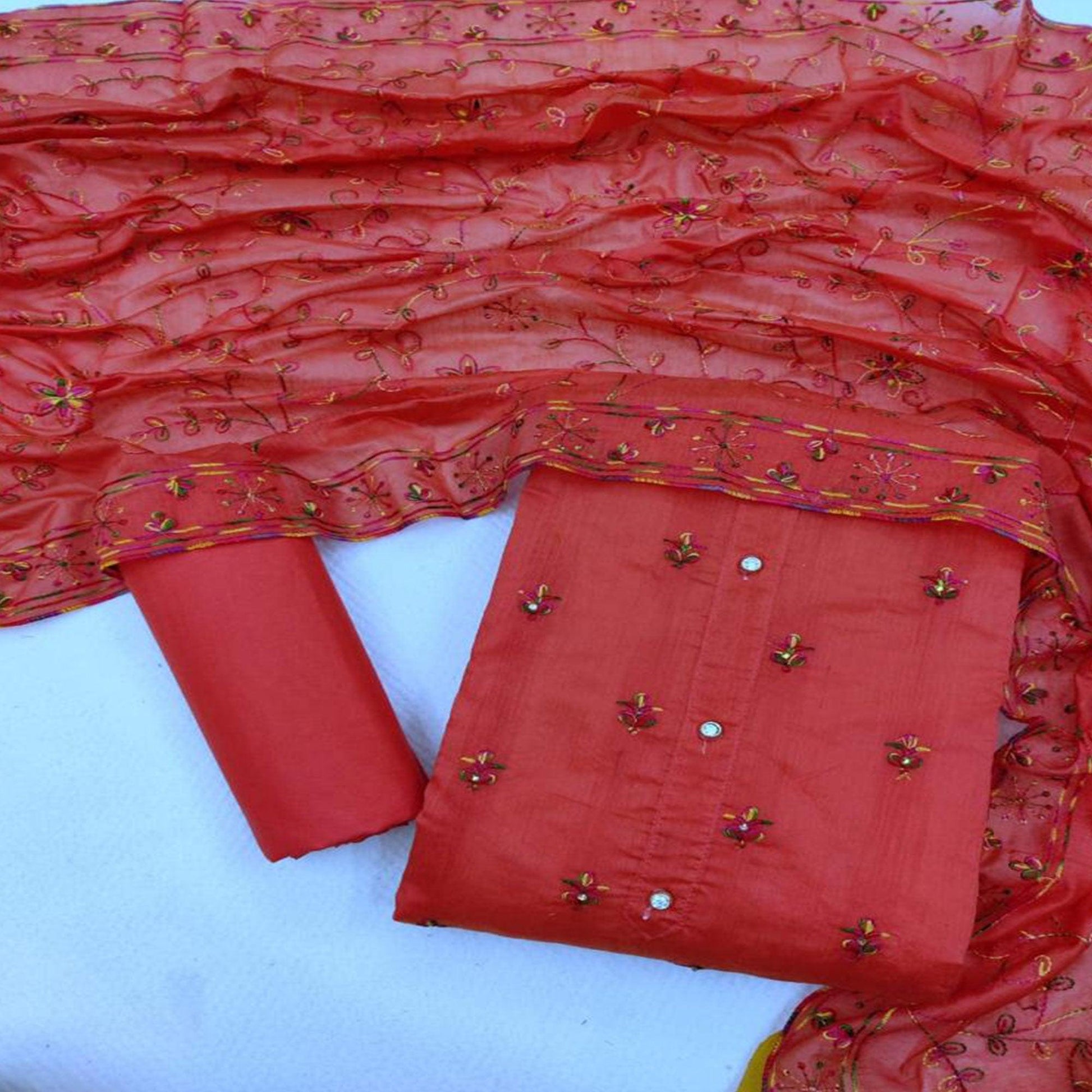 Desirable Gajari Colored Casual Wear Embroidered Chanderi Dress Material
