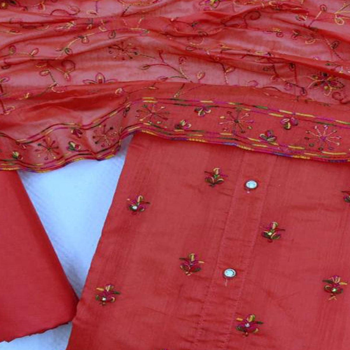 Desirable Gajari Colored Casual Wear Embroidered Chanderi Dress Material