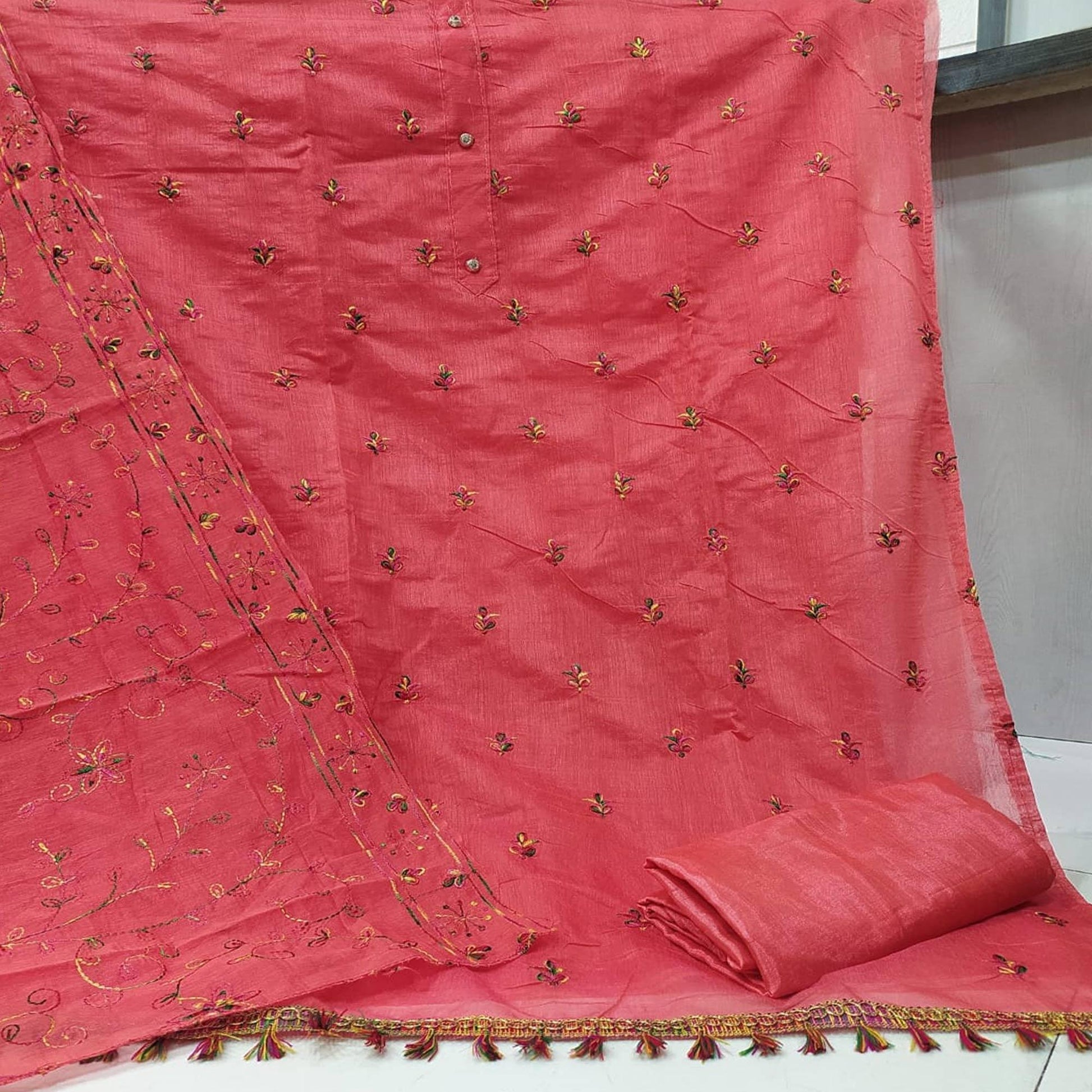 Desirable Gajari Colored Casual Wear Embroidered Chanderi Dress Material