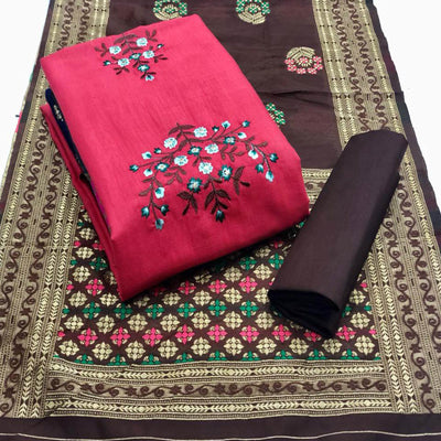 Desirable Gajari Colored Casual Wear Embroidered Cotton Dress Material