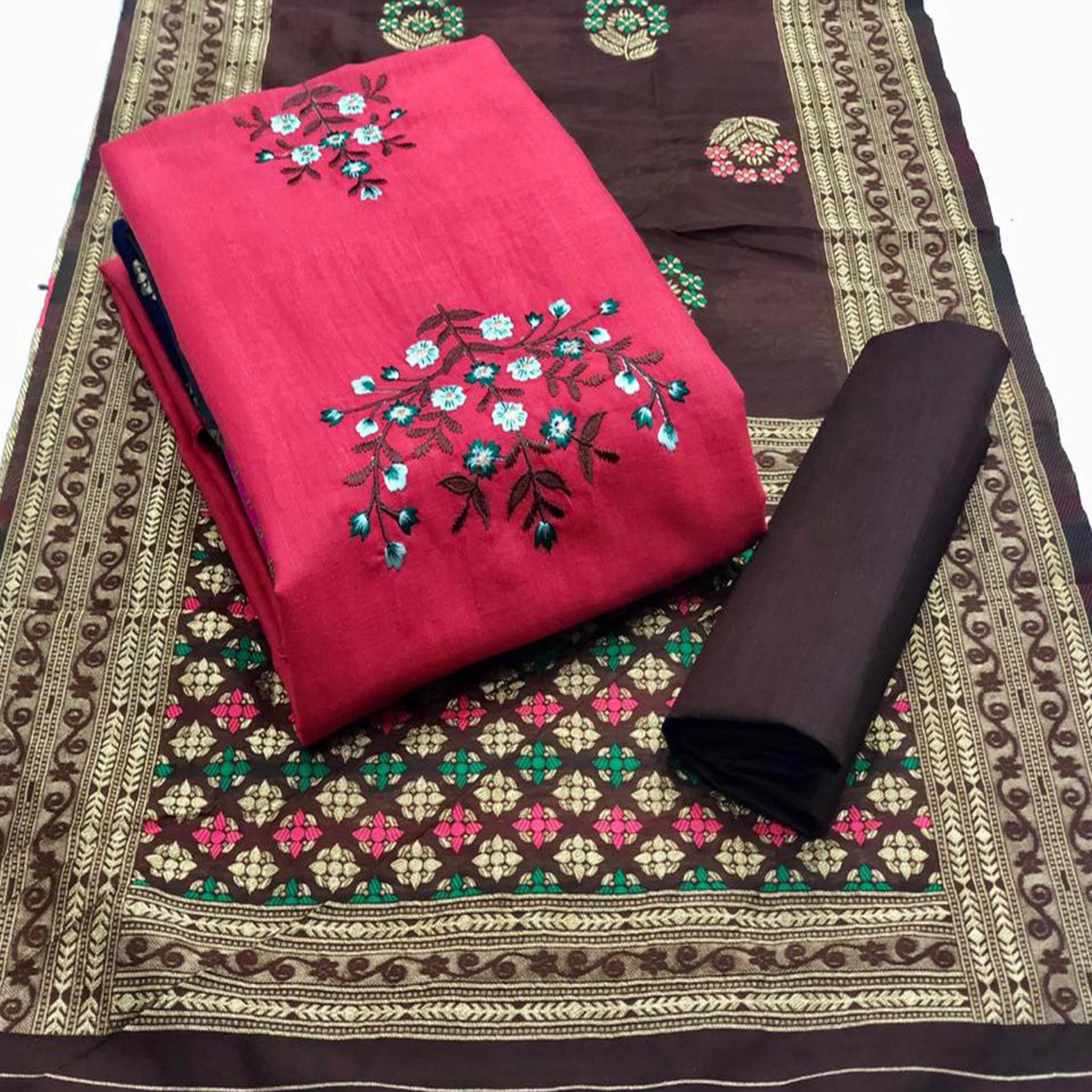 Desirable Gajari Colored Casual Wear Embroidered Cotton Dress Material