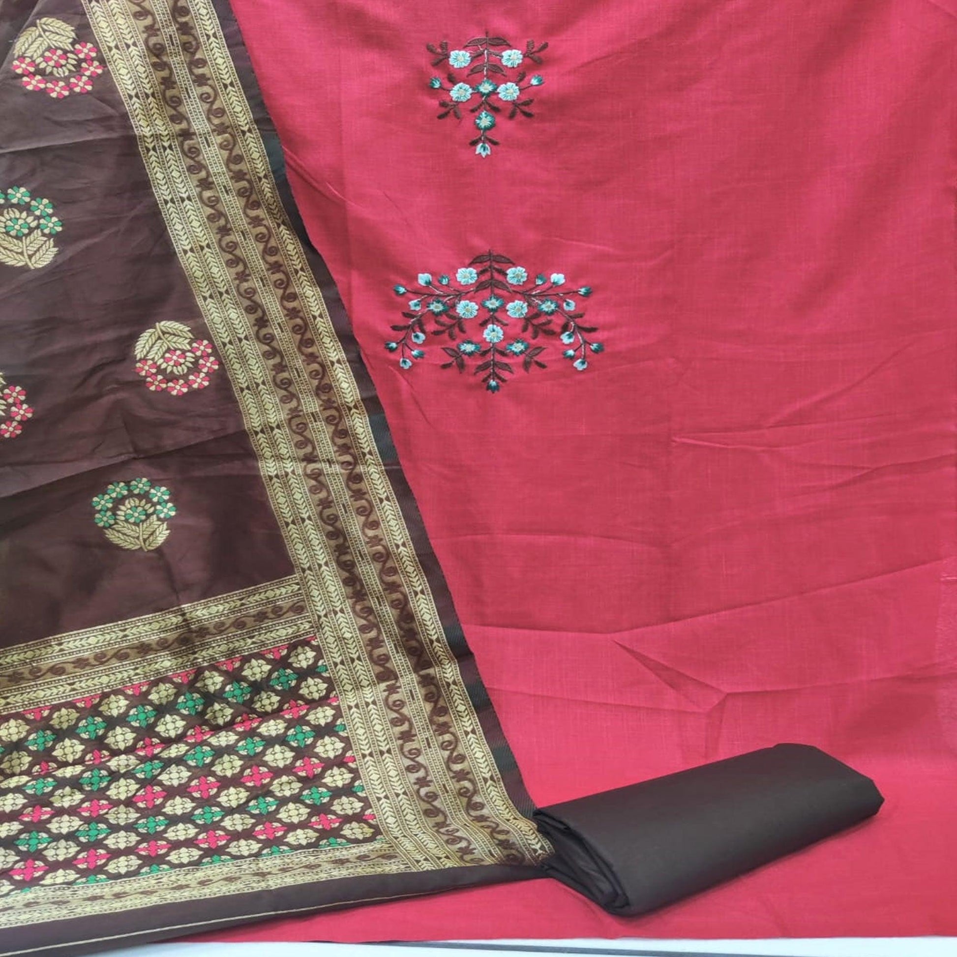 Desirable Gajari Colored Casual Wear Embroidered Cotton Dress Material
