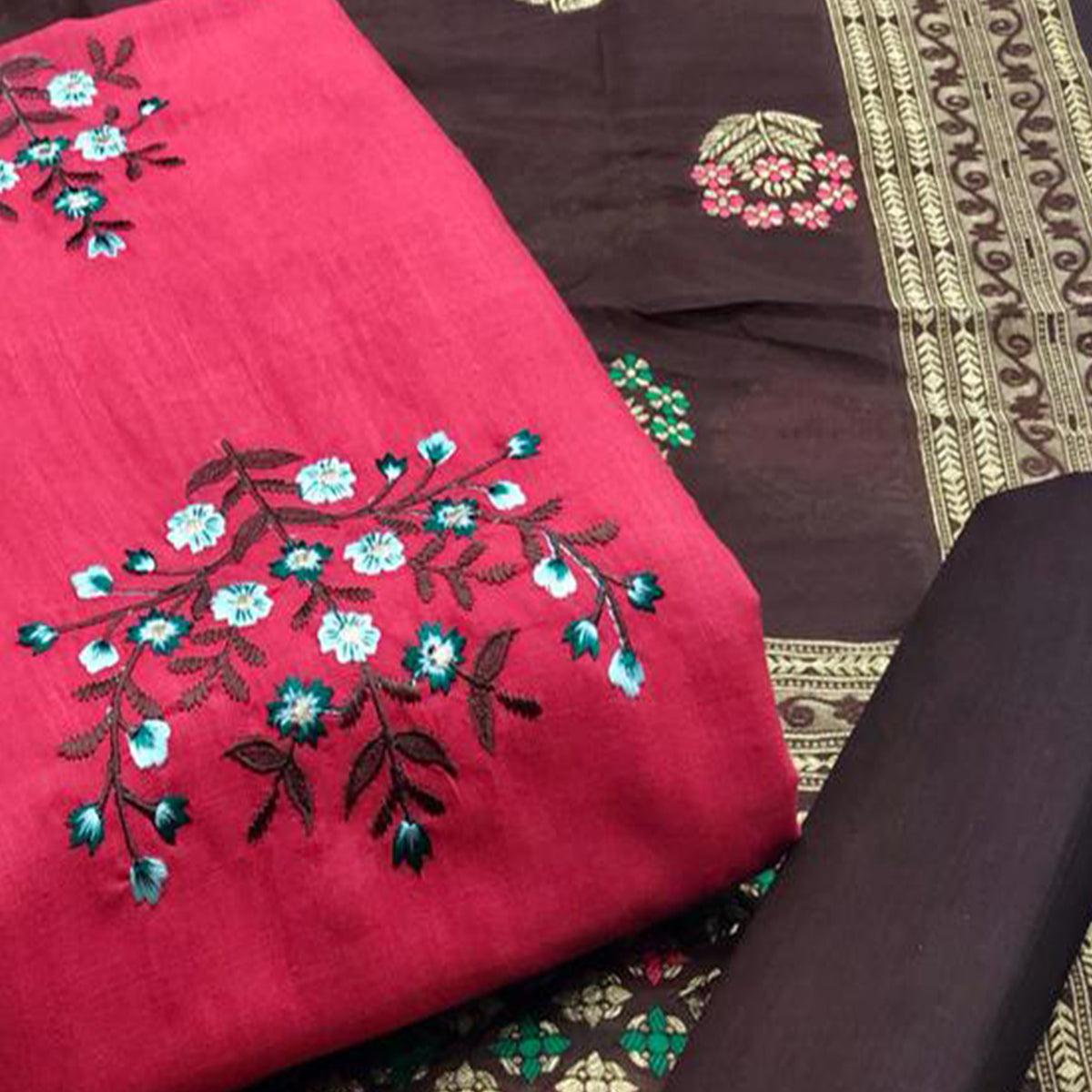 Desirable Gajari Colored Casual Wear Embroidered Cotton Dress Material