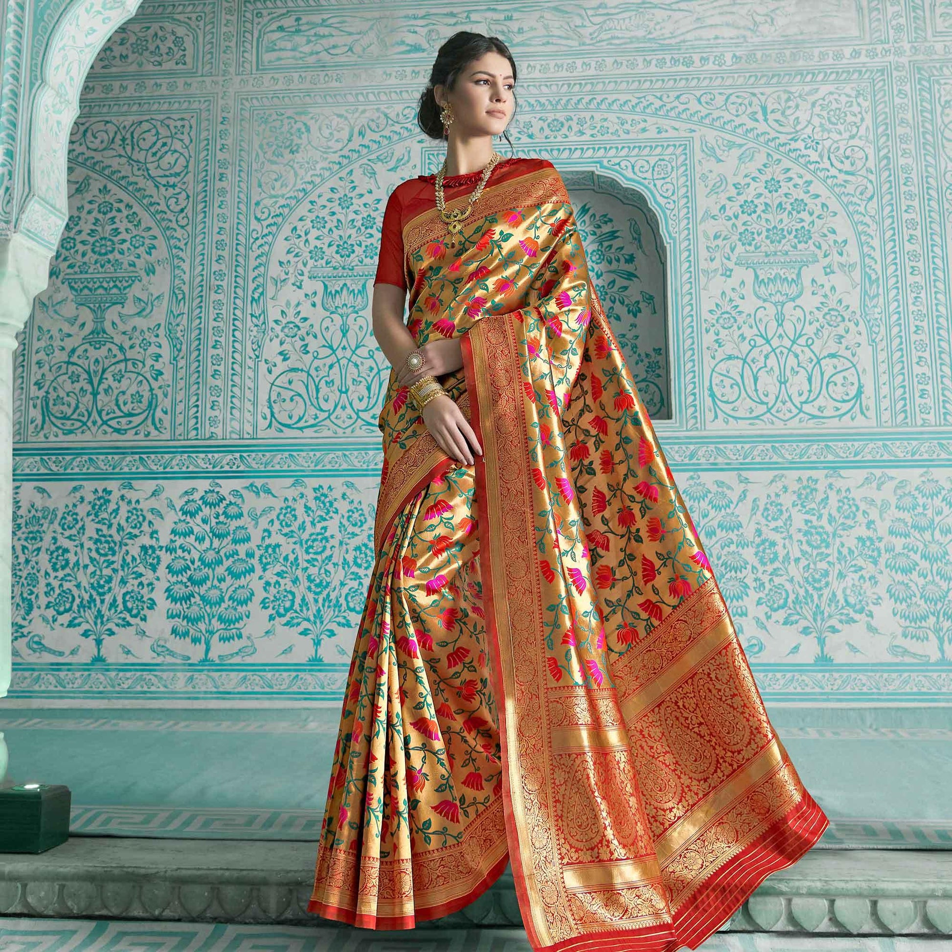 Desirable Golden-Orange Colored Festive Wear Woven Paithani Banarasi Silk Saree