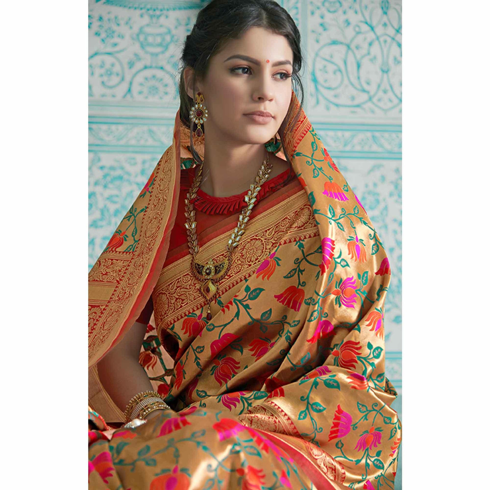 Desirable Golden-Orange Colored Festive Wear Woven Paithani Banarasi Silk Saree