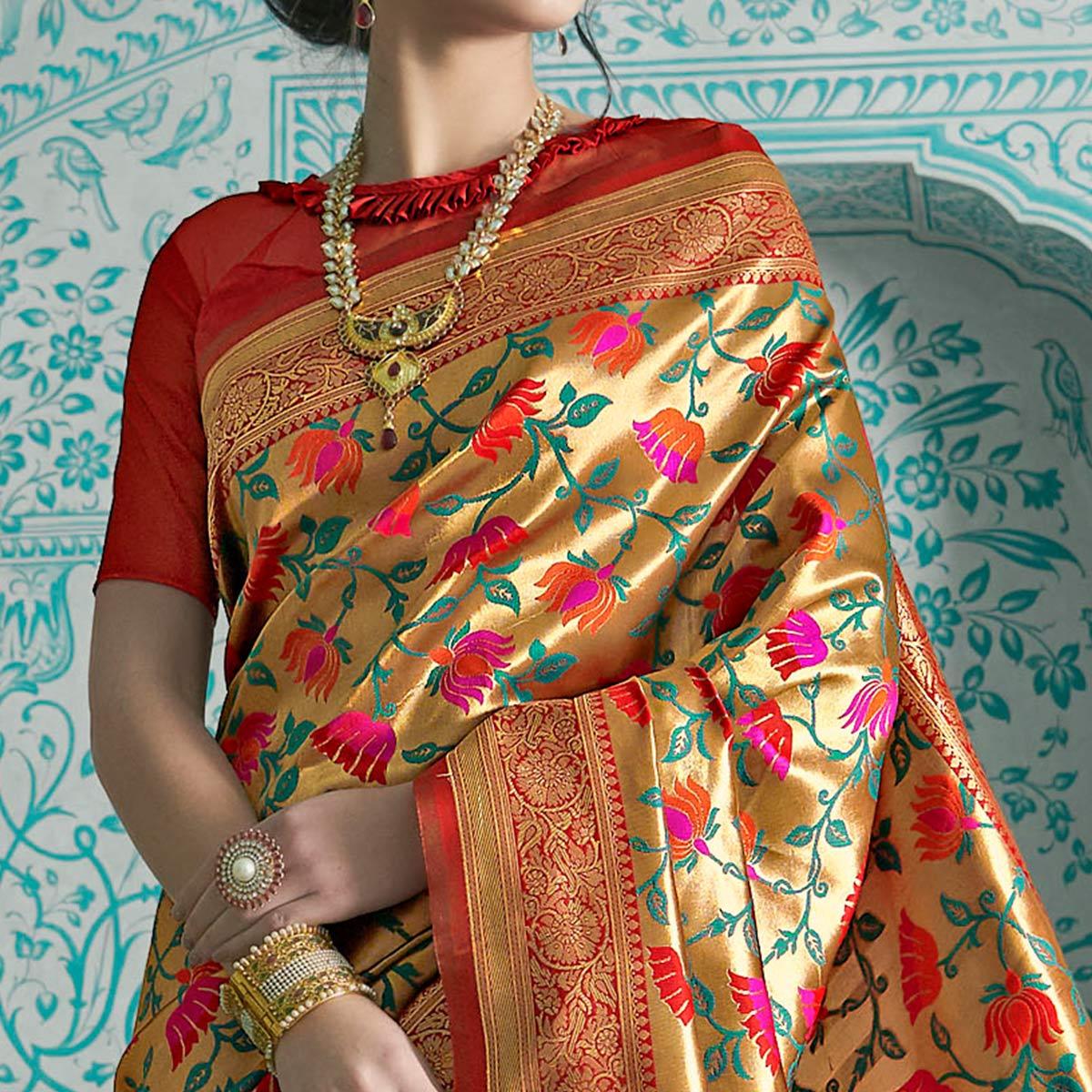 Desirable Golden-Orange Colored Festive Wear Woven Paithani Banarasi Silk Saree