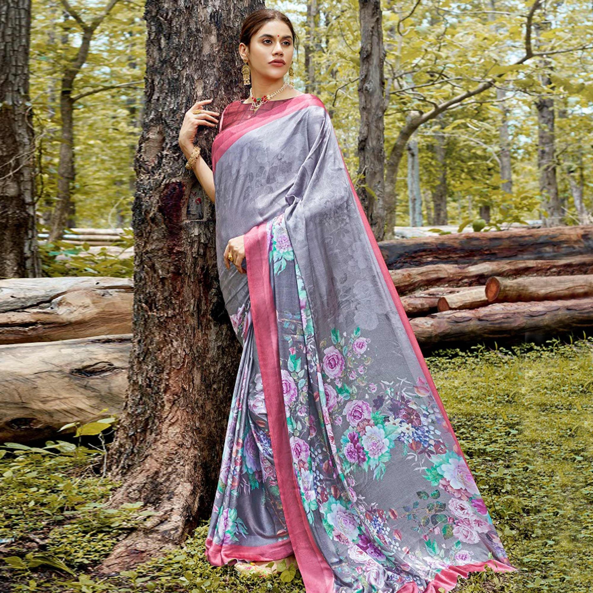 Desirable Gray Colored Casual Digital Printed Satin Crepe Saree