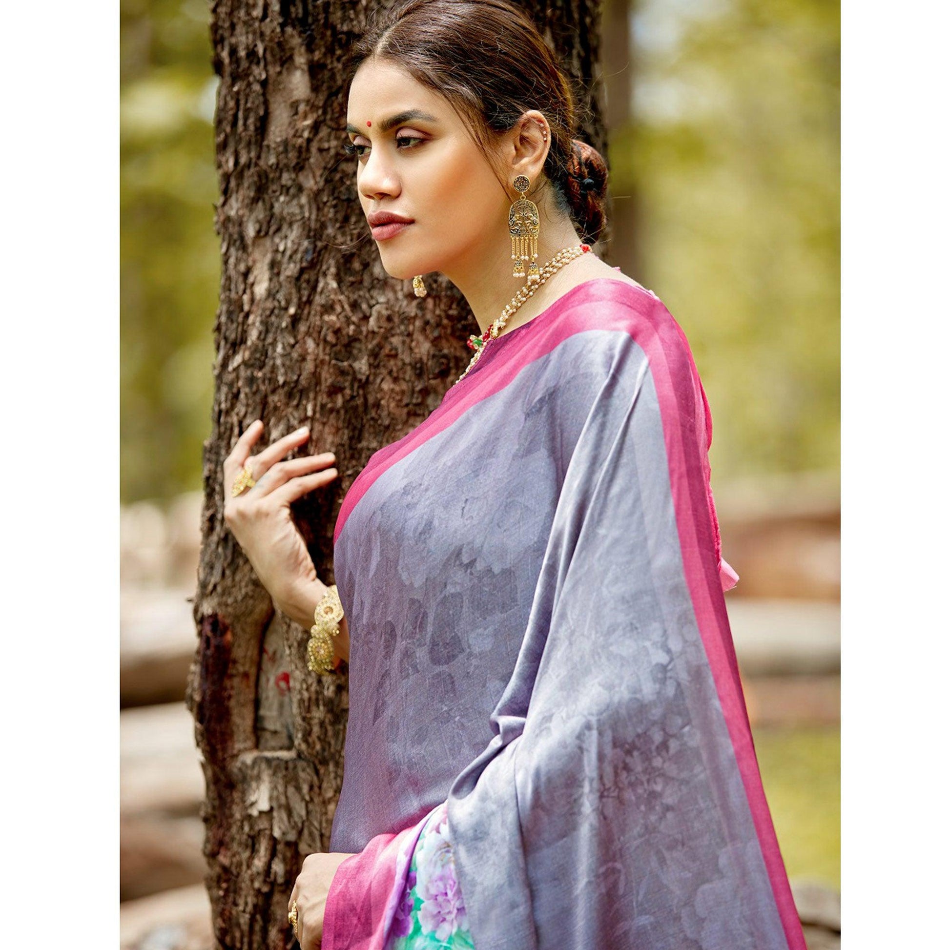Desirable Gray Colored Casual Digital Printed Satin Crepe Saree