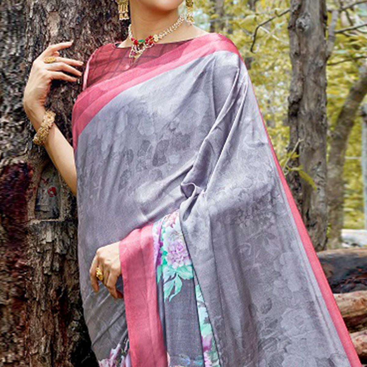 Desirable Gray Colored Casual Digital Printed Satin Crepe Saree