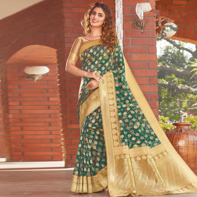 Desirable Green Colored Festive Wear Floral Digital Printed Silk Saree