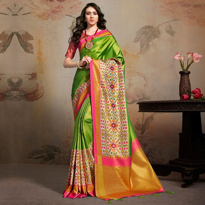 Desirable Green Colored Festive Wear Printed Silk Blend Saree With Tassels