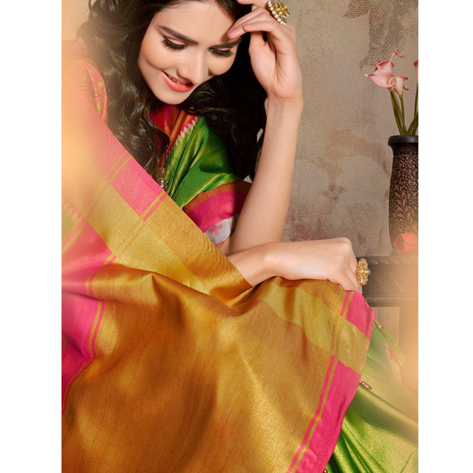 Desirable Green Colored Festive Wear Printed Silk Blend Saree With Tassels