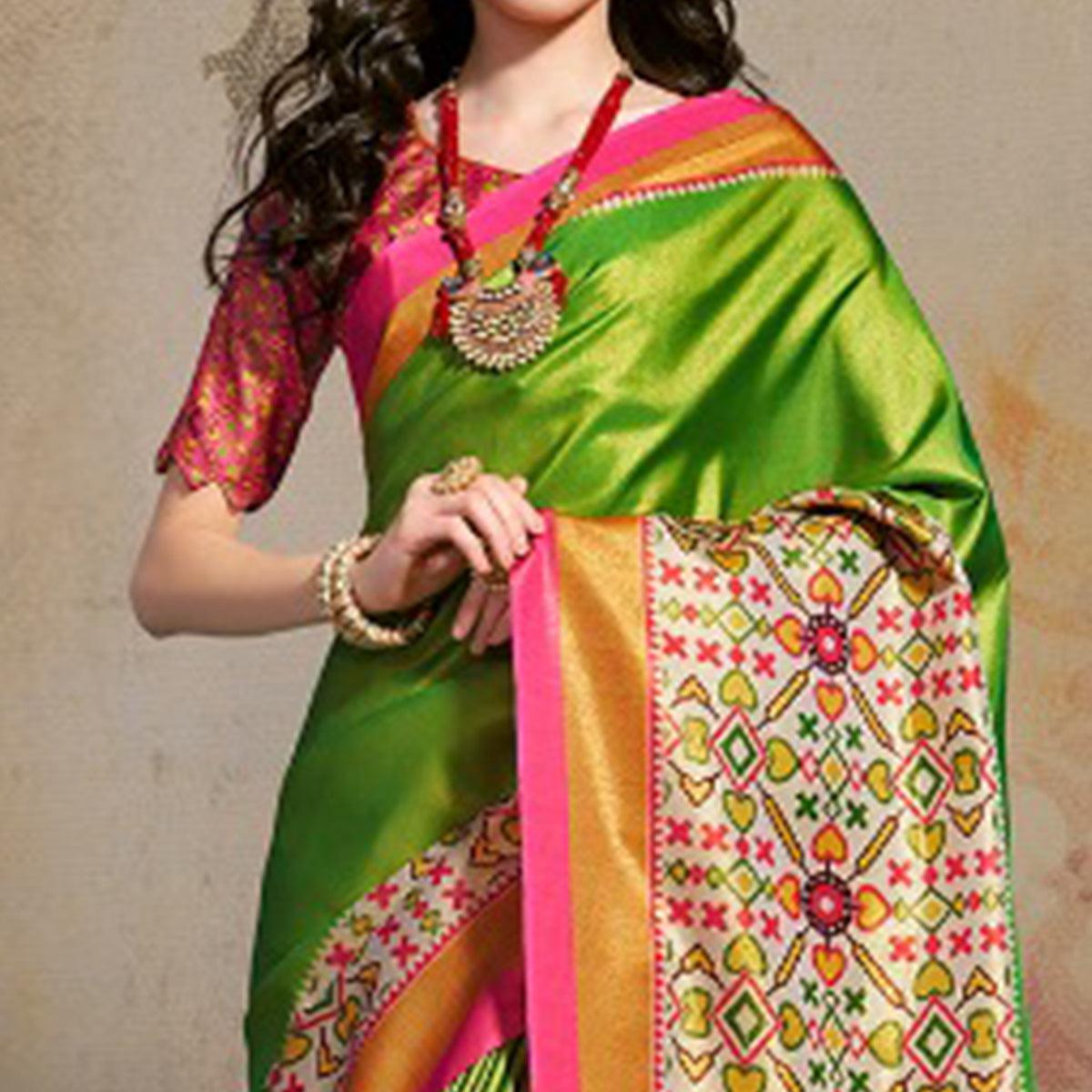Desirable Green Colored Festive Wear Printed Silk Blend Saree With Tassels