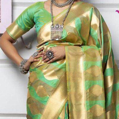 Desirable Green Colored Festive Wear Woven Banarasi Silk Saree