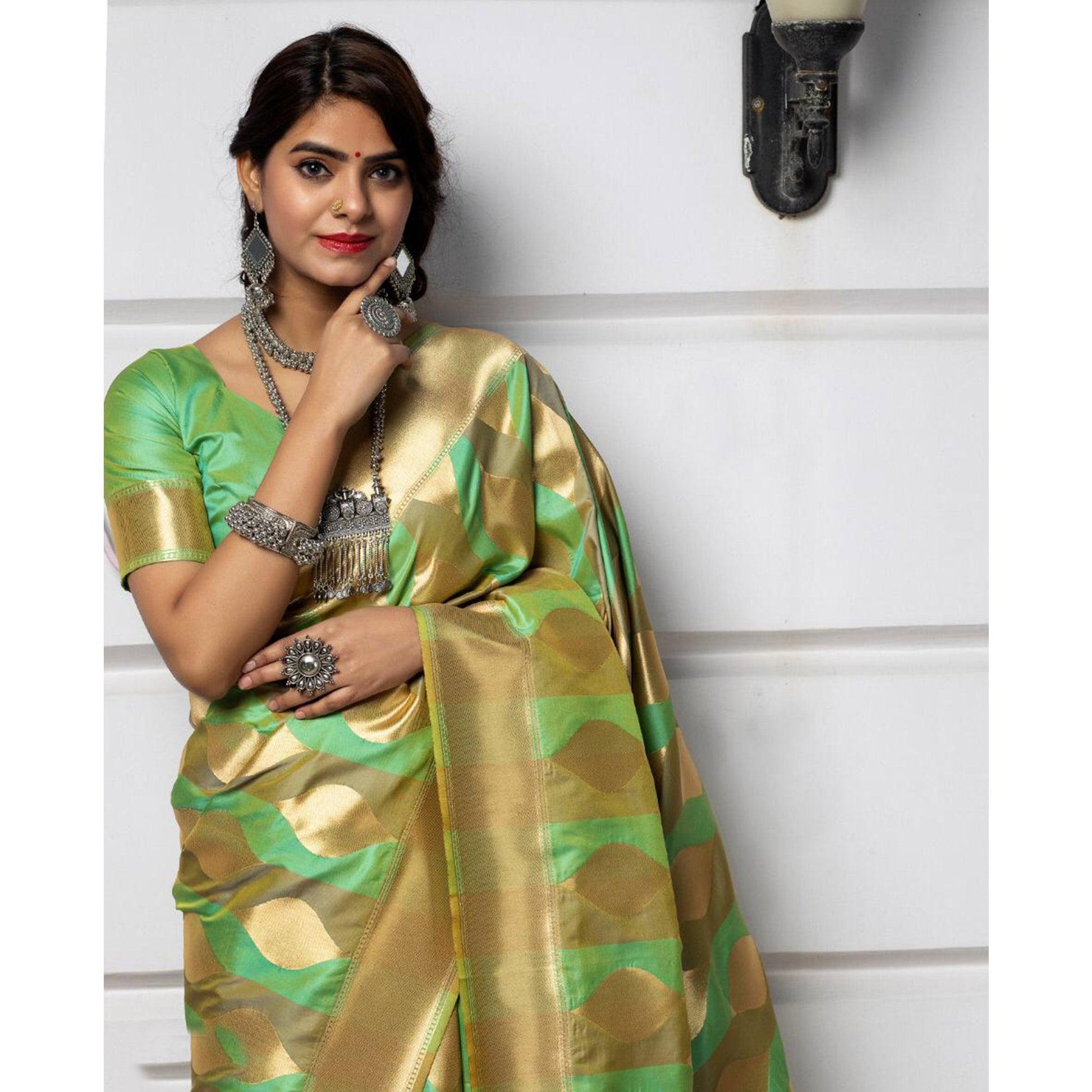 Desirable Green Colored Festive Wear Woven Banarasi Silk Saree