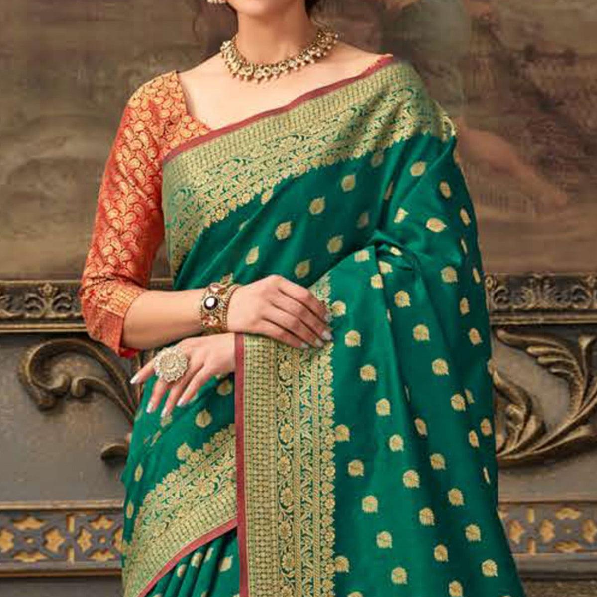 Desirable Green Colored Festive Wear Woven Handloom Silk Saree