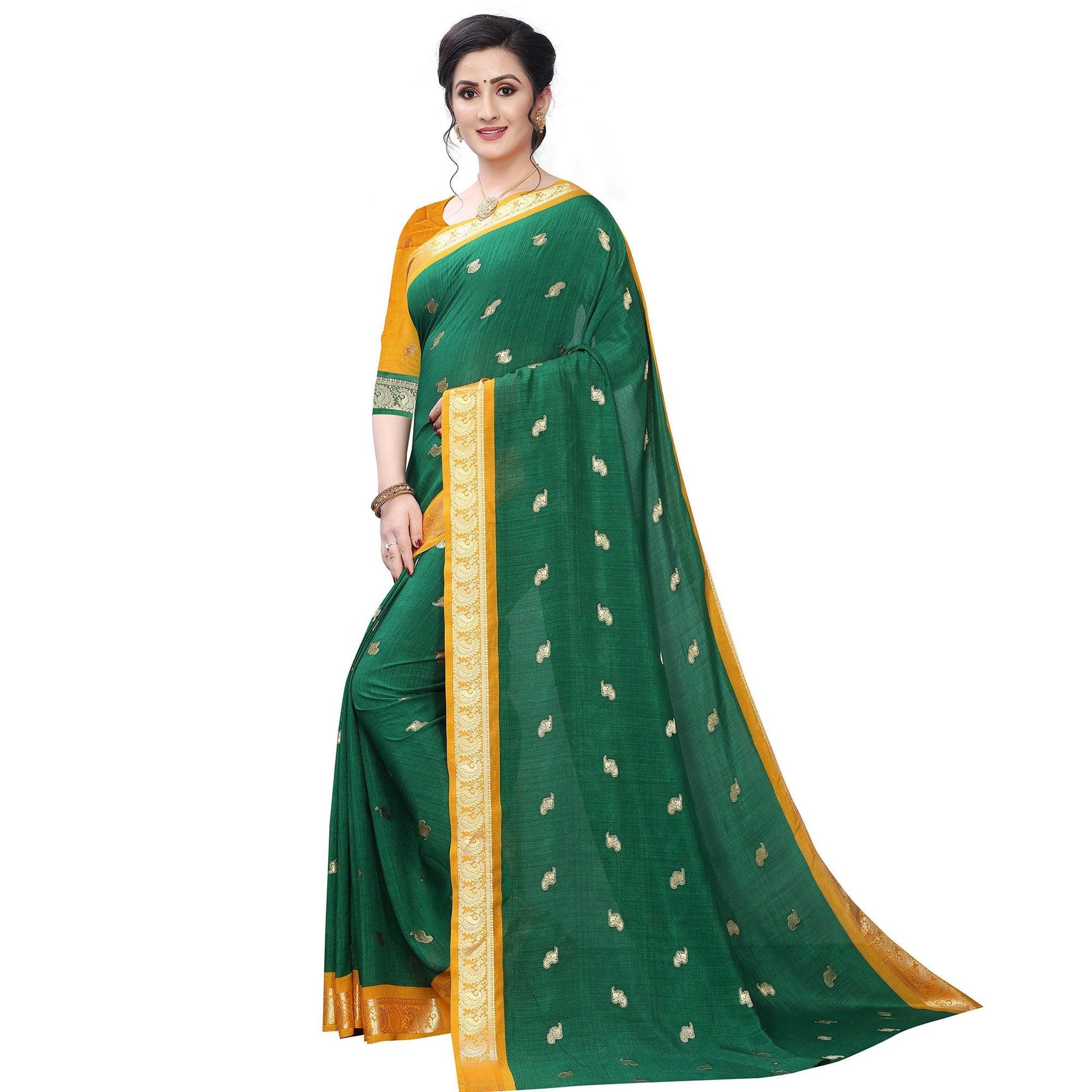 Desirable Green Colored Festive Wear Woven Vichitra Silk Saree