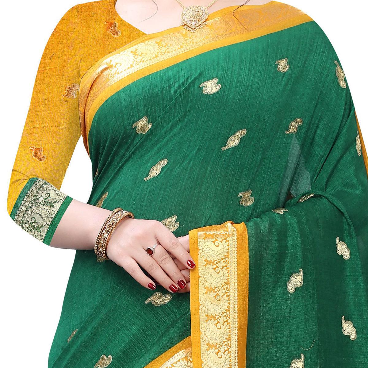 Desirable Green Colored Festive Wear Woven Vichitra Silk Saree