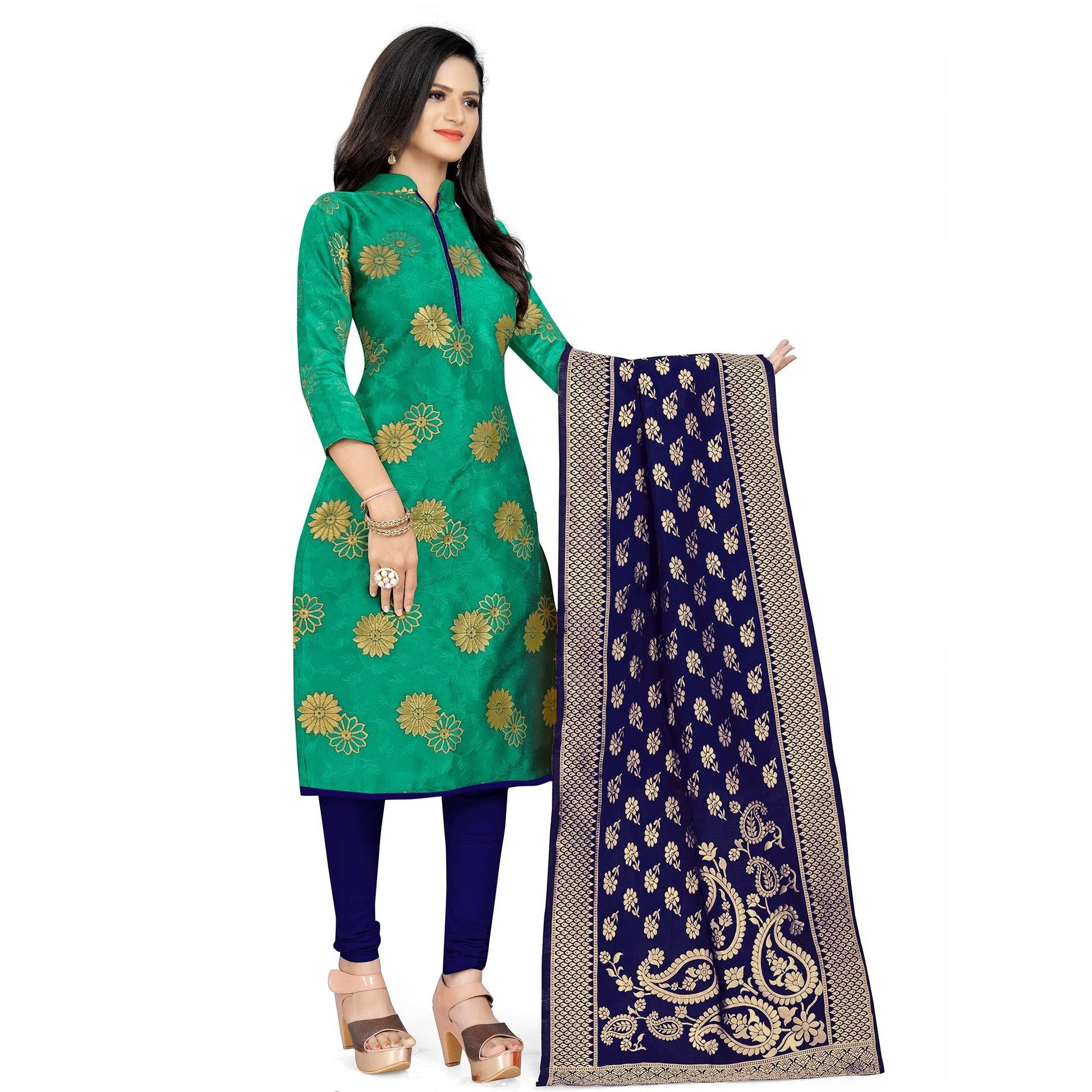 Desirable Green Colored Party Wear Woven Banarasi Silk Dress Material