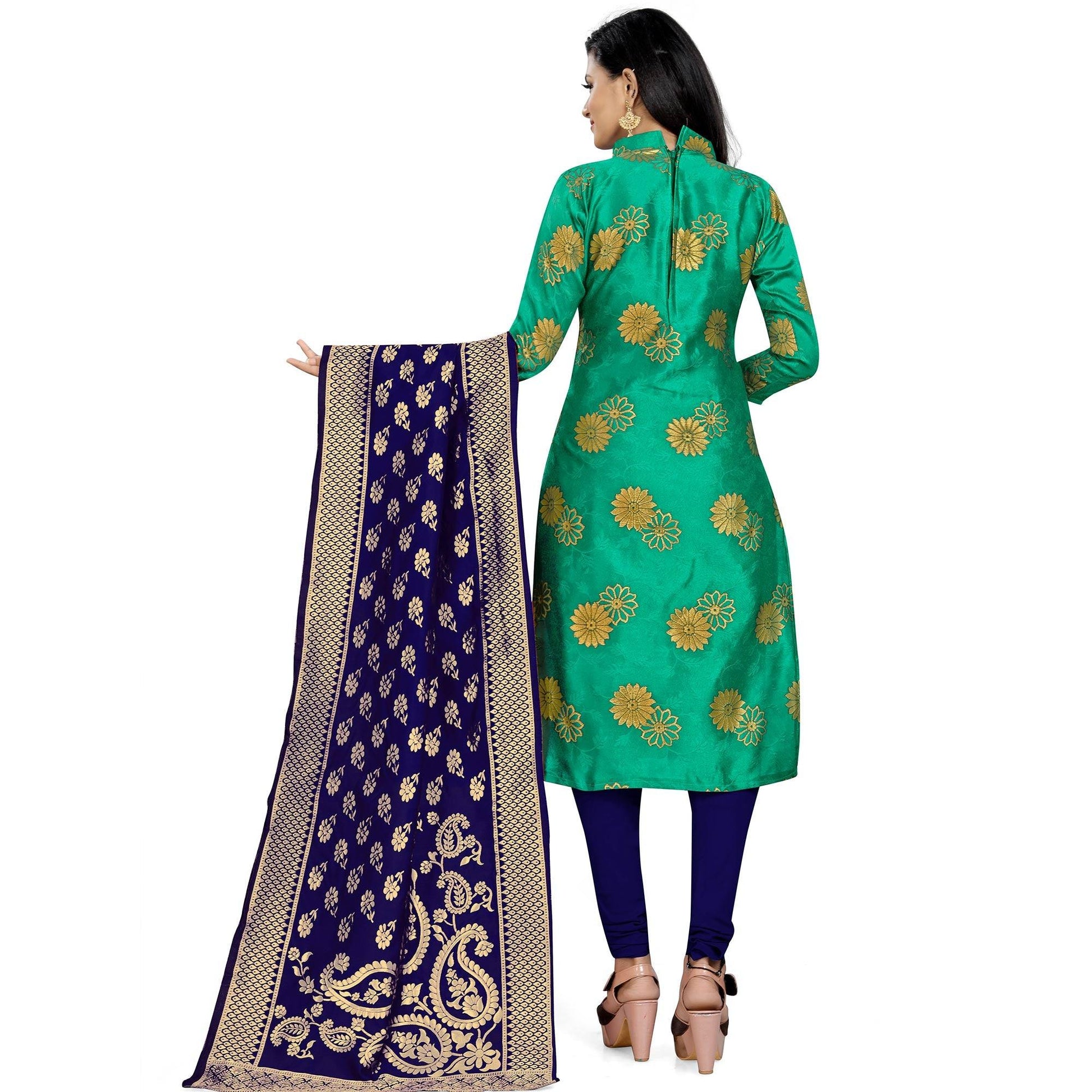 Desirable Green Colored Party Wear Woven Banarasi Silk Dress Material